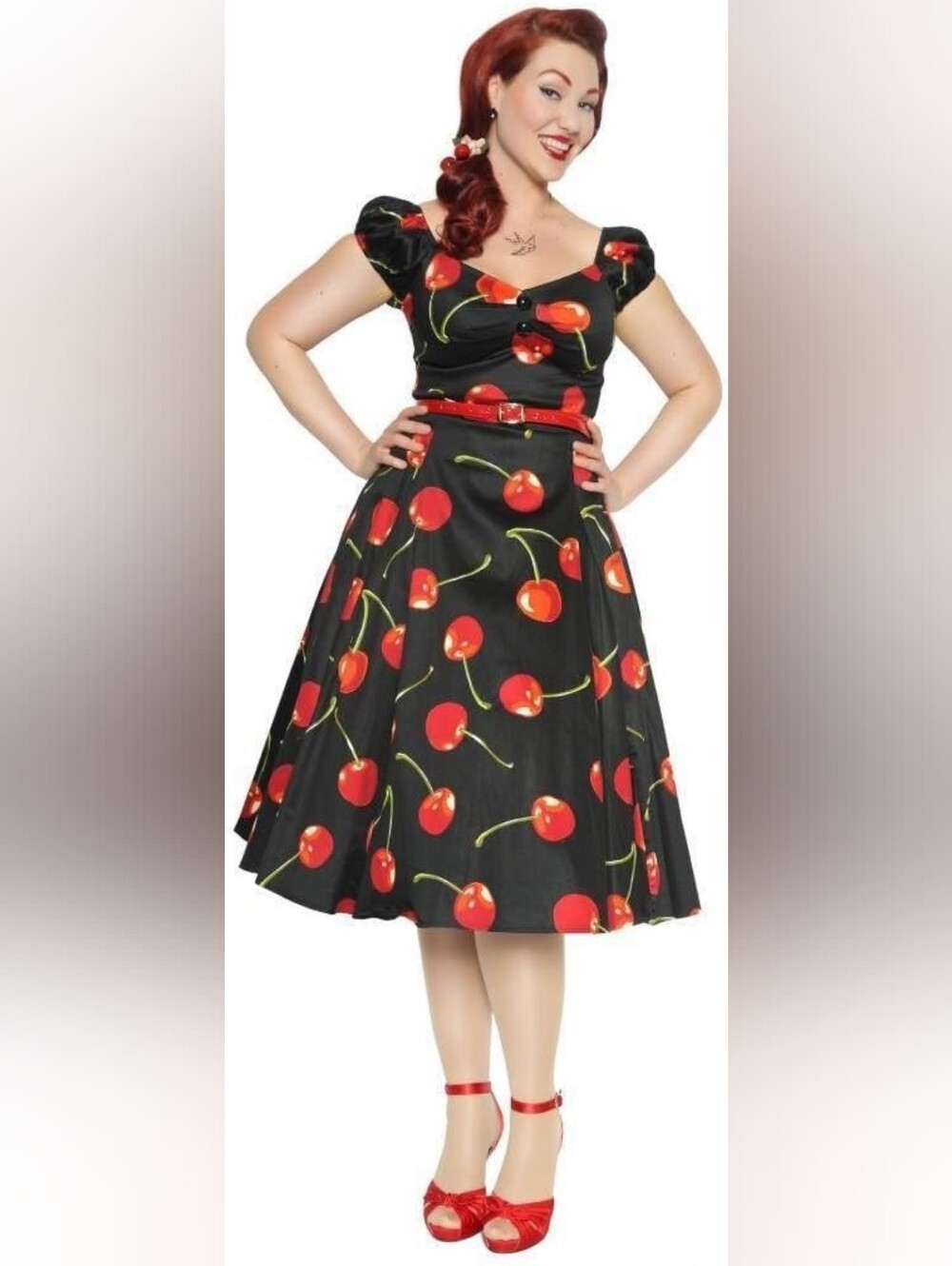 Collectif Black Cherry Print Fit-and-Flare Dress